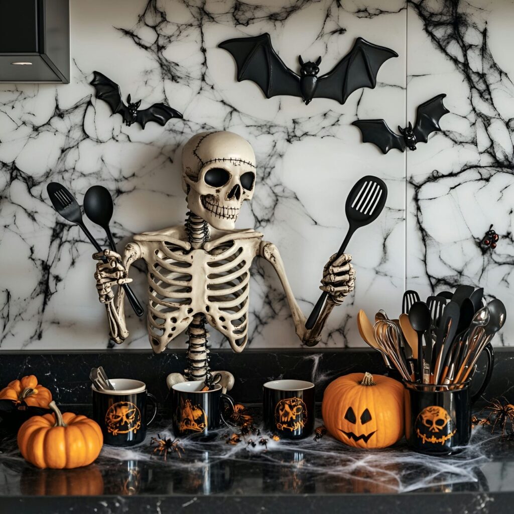 19. Skeleton Butler Utensil Station with Cobwebs and Mini Pumpkins