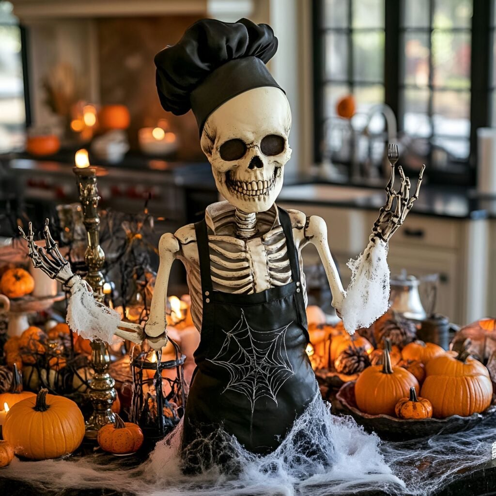 15. Skeleton Chef with Kitchen Utensils and Cobwebs