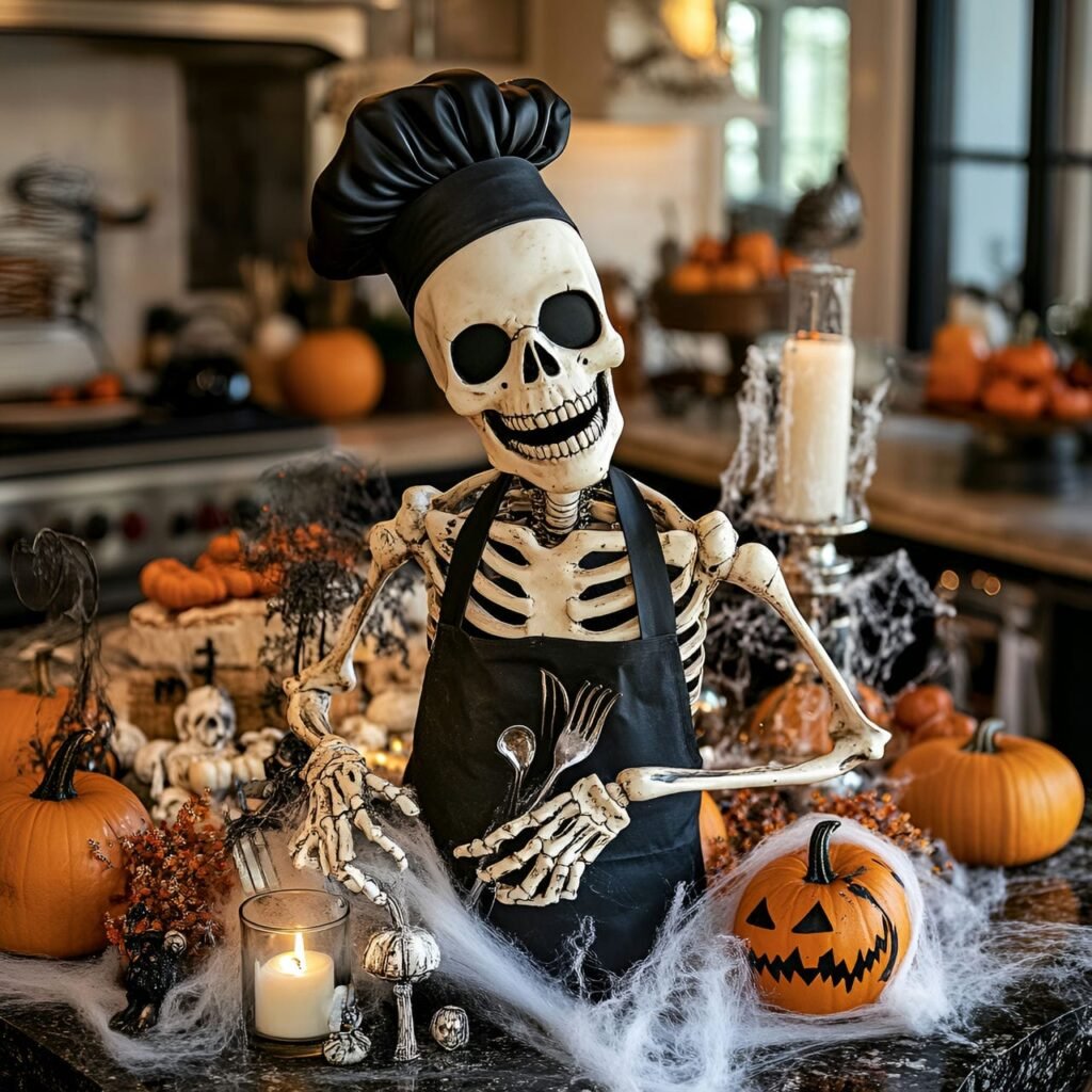 15. Skeleton Chef with Kitchen Utensils and Cobwebs