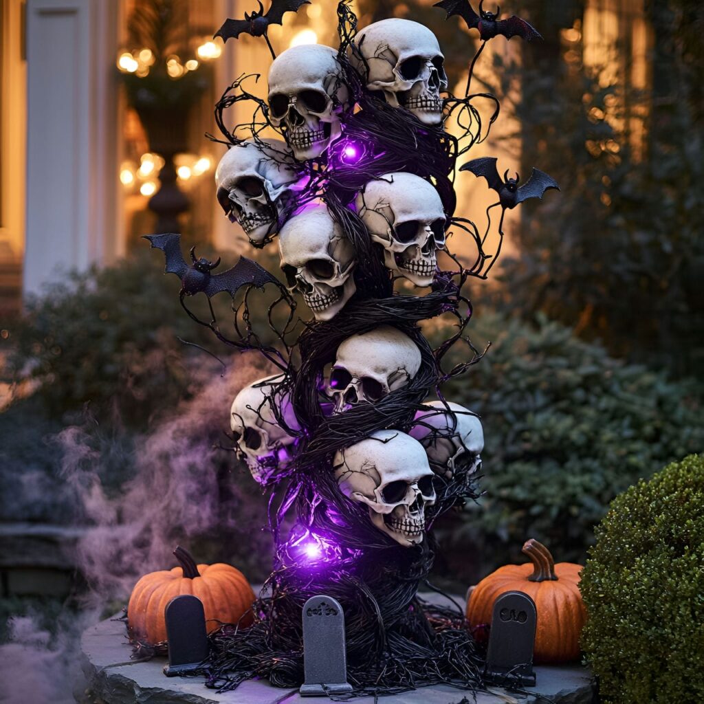 09. Skull and Vine Topiary Display for Garden and Lawn with Bats