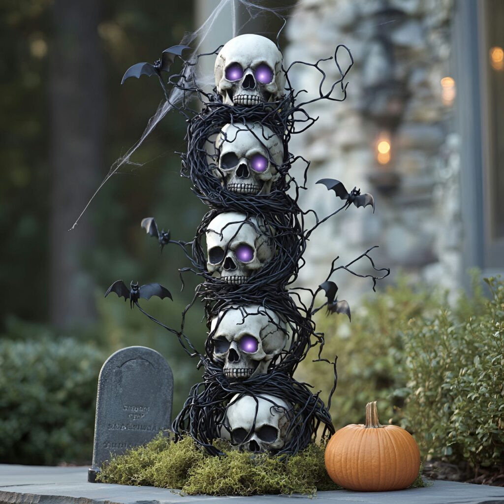 09. Skull and Vine Topiary Display for Garden and Lawn with Bats