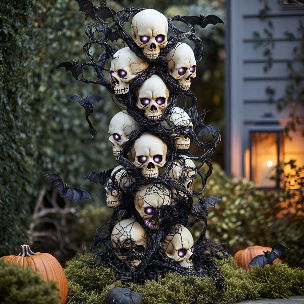 09. Skull and Vine Topiary Display for Garden and Lawn with Bats