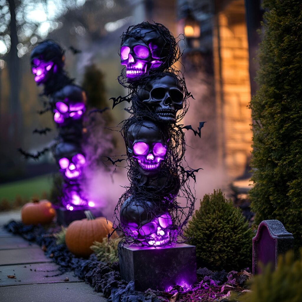 09. Skull and Vine Topiary Display for Garden and Lawn with Bats