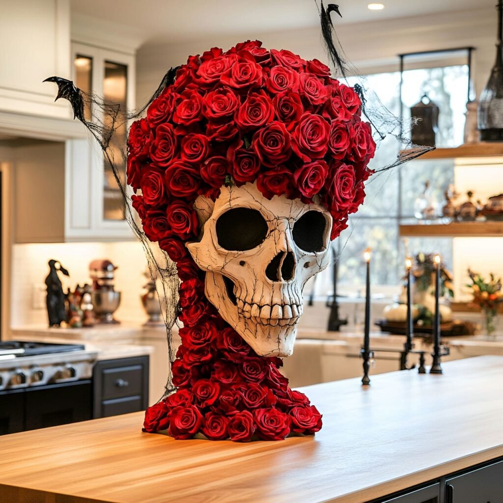 02. Skull and Rose Centerpiece in a Stunning Halloween Kitchen