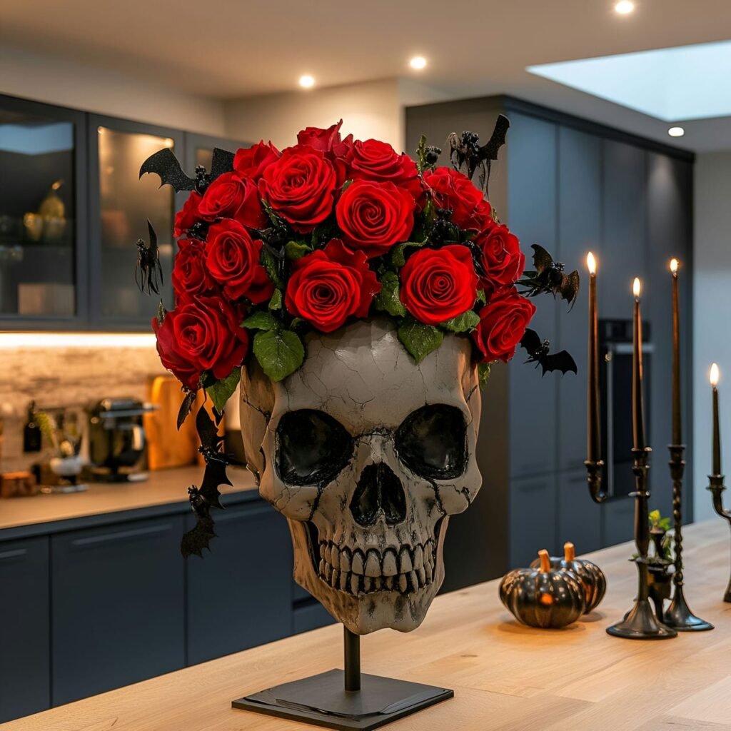 02. Skull and Rose Centerpiece in a Stunning Halloween Kitchen