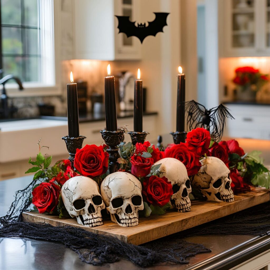 02. Skull and Rose Centerpiece in a Stunning Halloween Kitchen