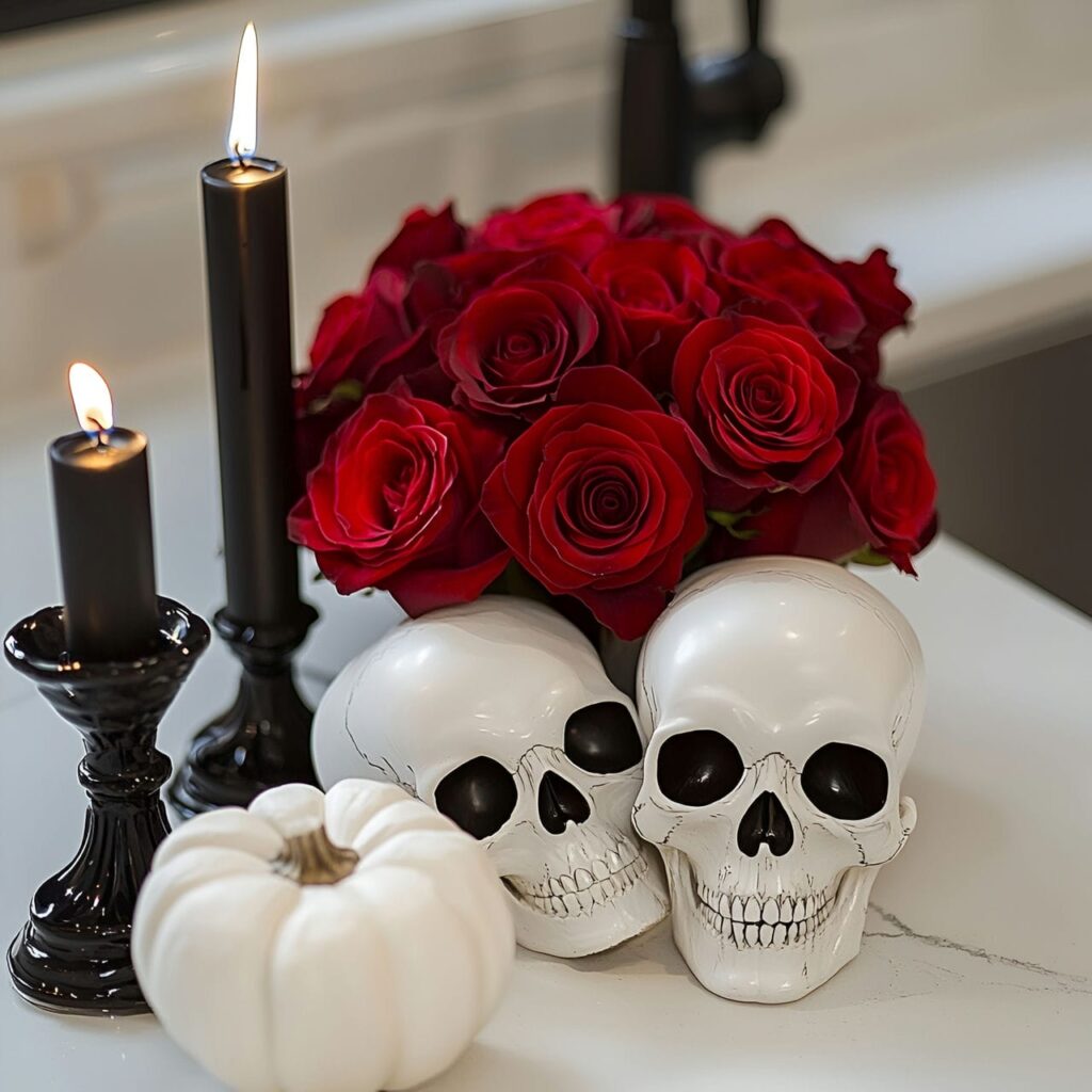 02. Skull and Rose Centerpiece in a Stunning Halloween Kitchen