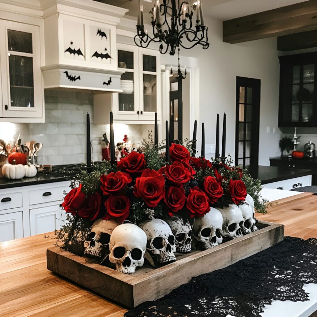 02. Skull and Rose Centerpiece in a Stunning Halloween Kitchen