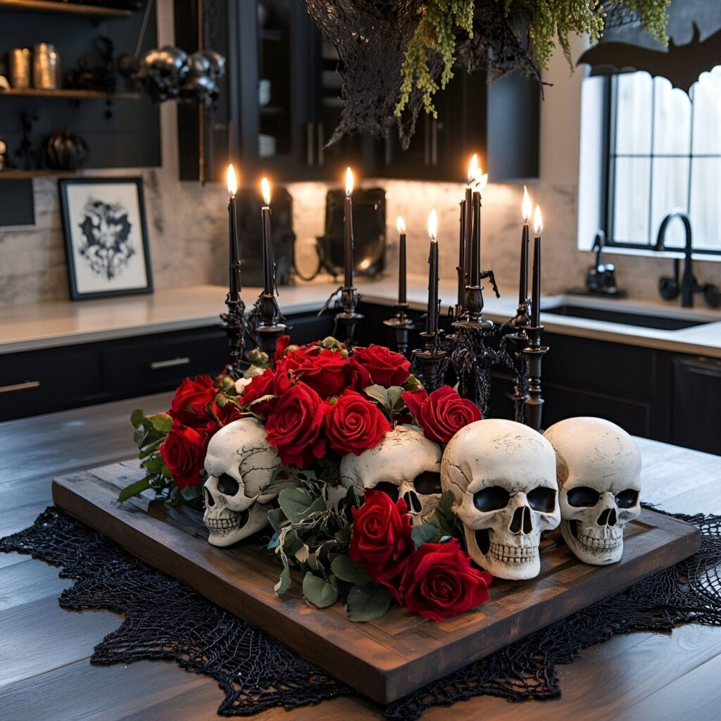 02. Skull and Rose Centerpiece in a Stunning Halloween Kitchen