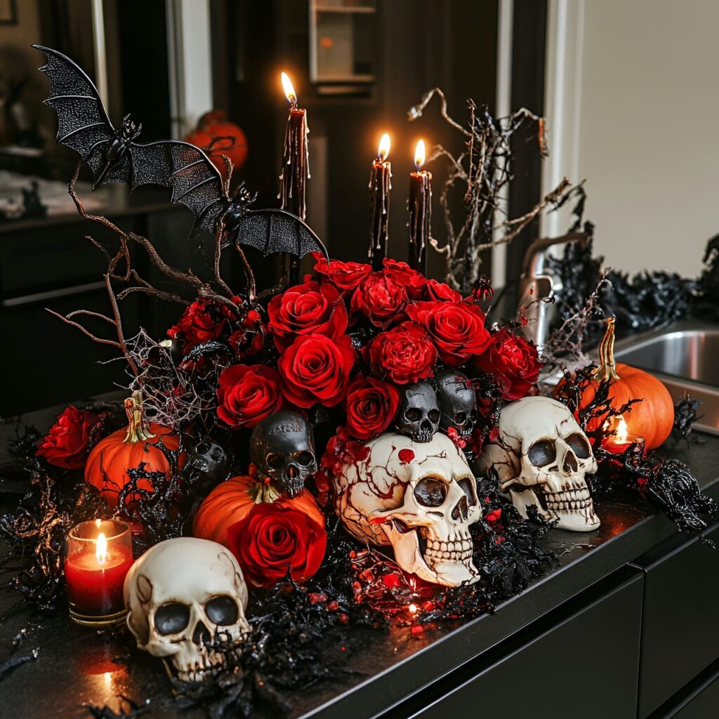 02. Skull and Rose Centerpiece in a Stunning Halloween Kitchen