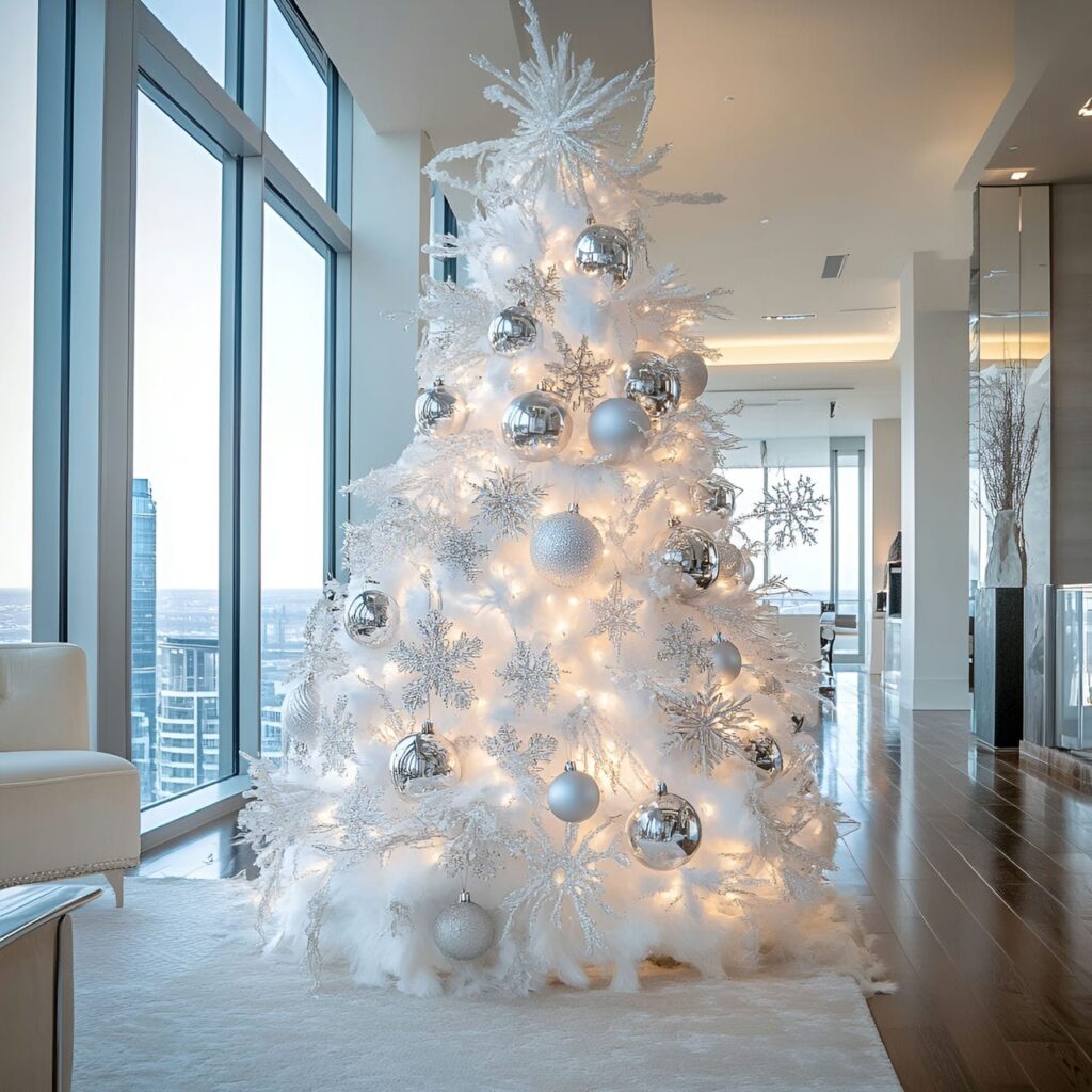 12. White & Silver Snowflake Tree with Glittering Icicles