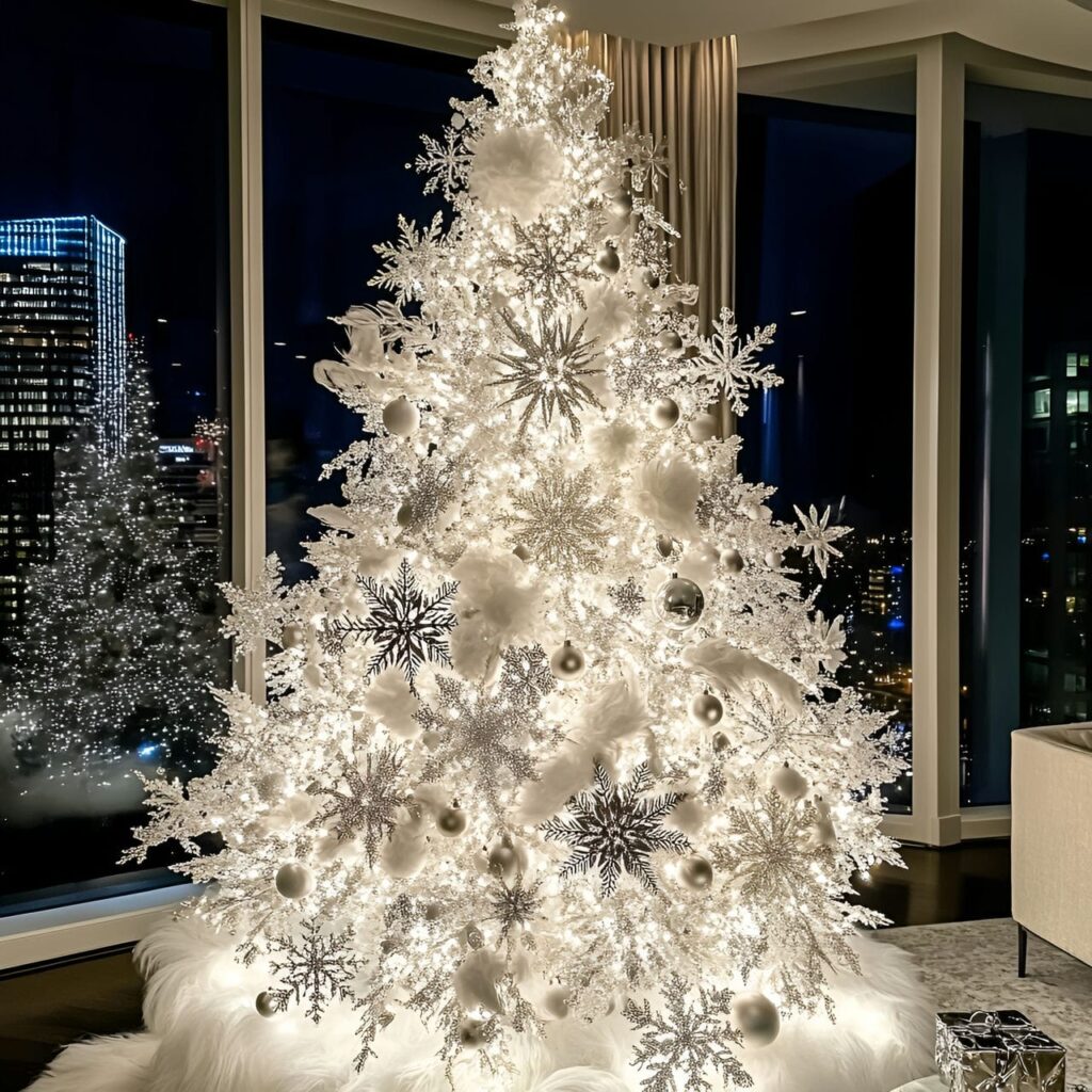 12. White & Silver Snowflake Tree with Glittering Icicles