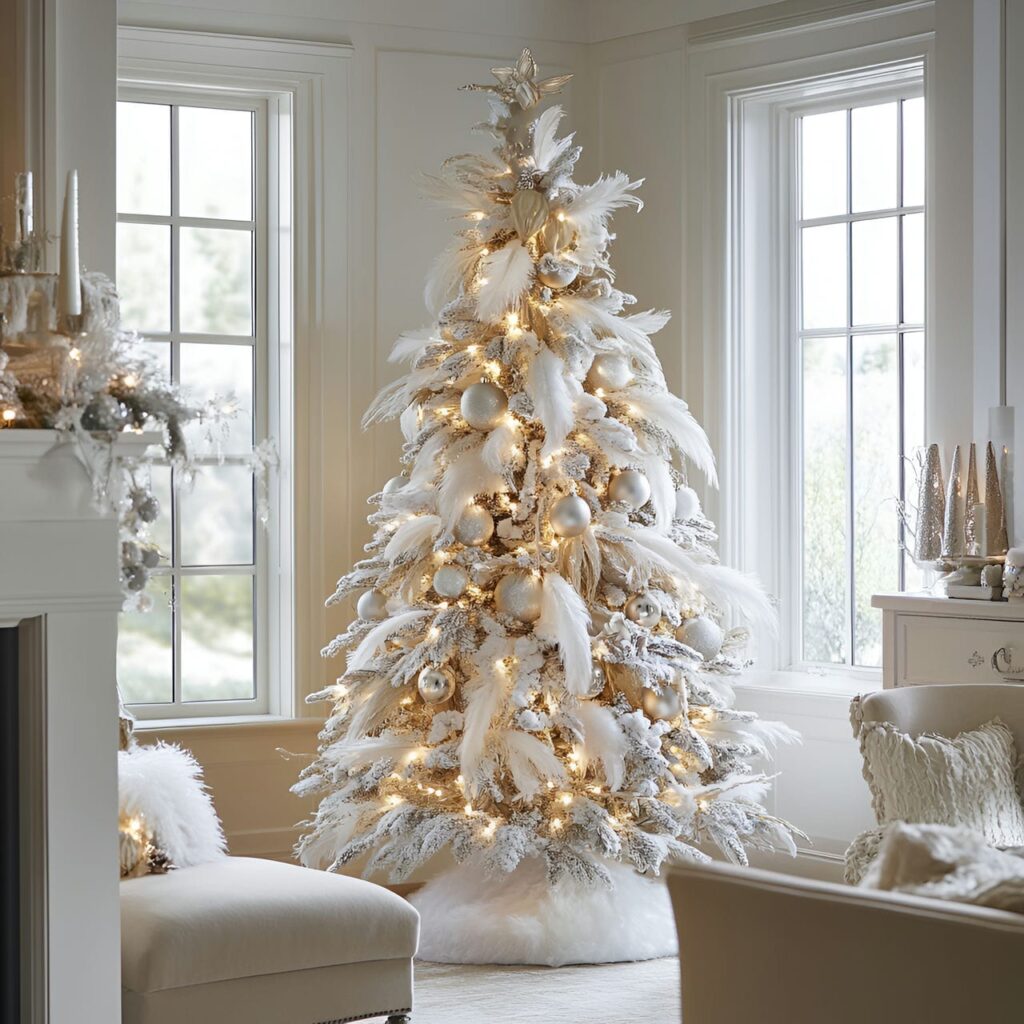 13. Snowy Fairy Tale Whimsical Tree With White Feathers and Fairies