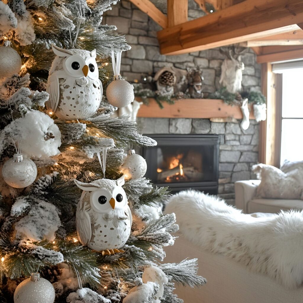 16. Snowy Owl Whimsy Tree With Pinecones and Rustic Accents