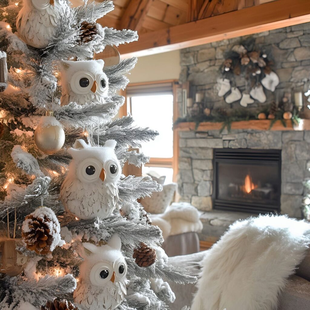 16. Snowy Owl Whimsy Tree With Pinecones and Rustic Accents