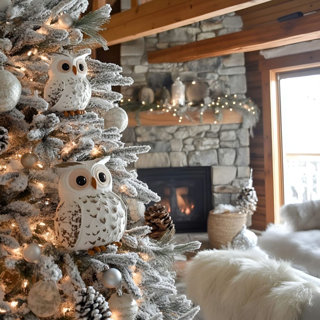 16. Snowy Owl Whimsy Tree With Pinecones and Rustic Accents