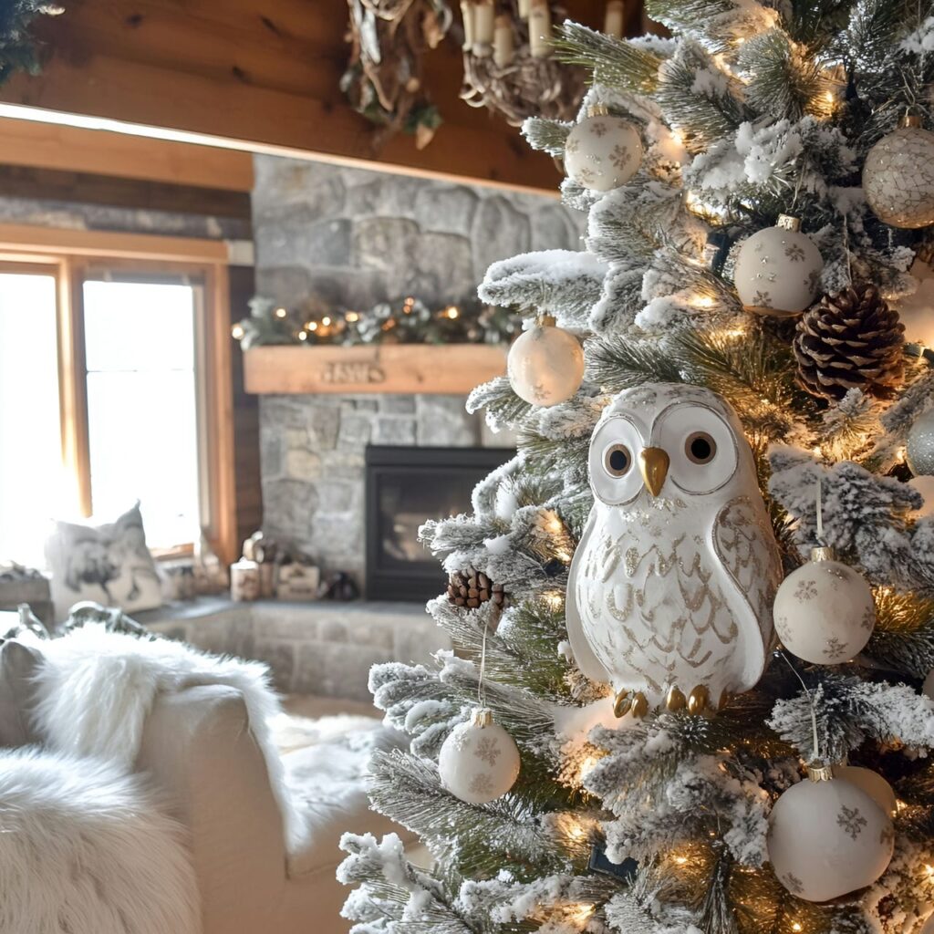 16. Snowy Owl Whimsy Tree With Pinecones and Rustic Accents