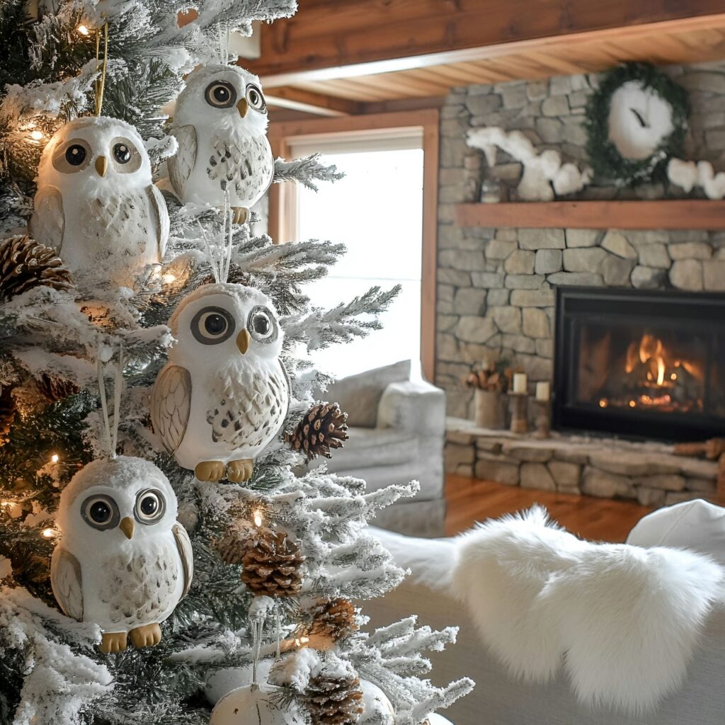 16. Snowy Owl Whimsy Tree With Pinecones and Rustic Accents