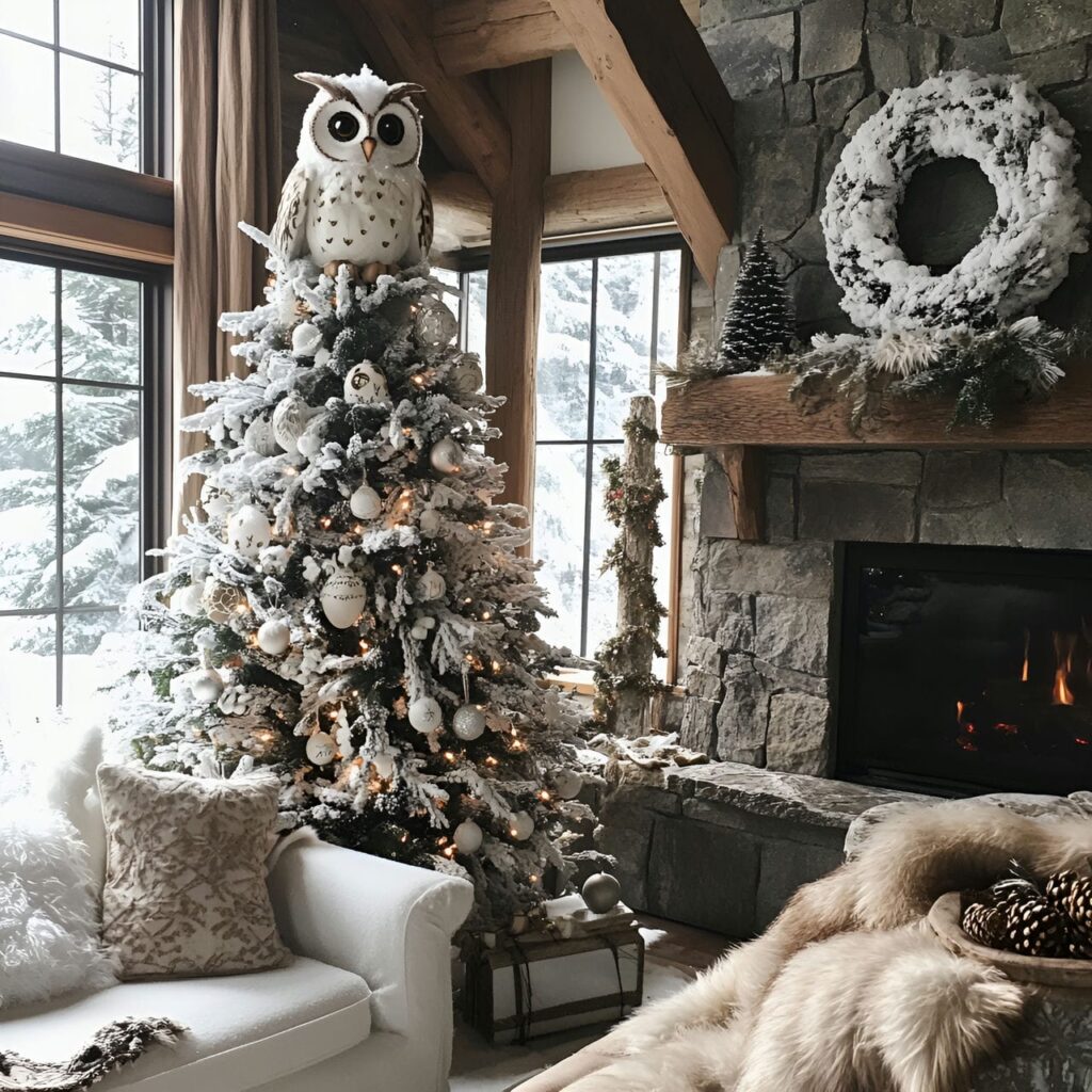 16. Snowy Owl Whimsy Tree With Pinecones and Rustic Accents