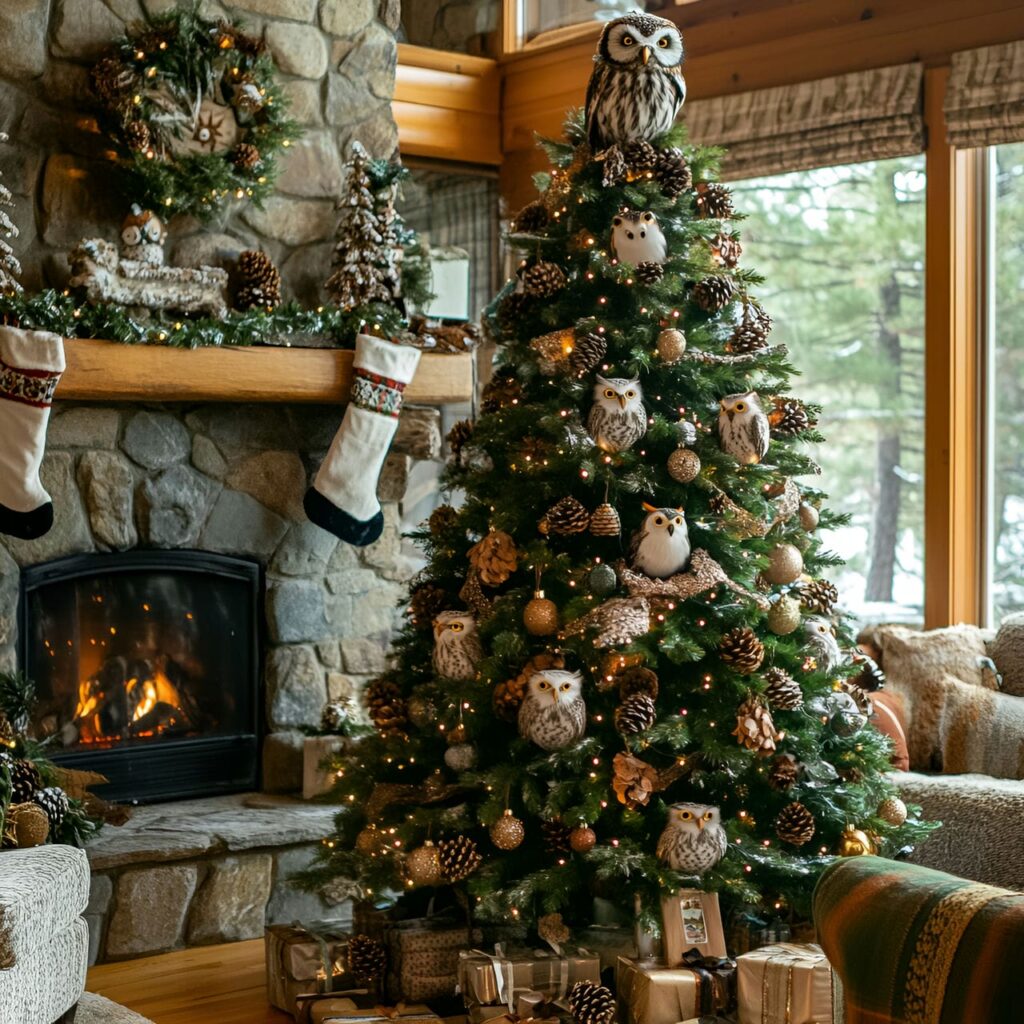 16. Snowy Owl Whimsy Tree With Pinecones and Rustic Accents