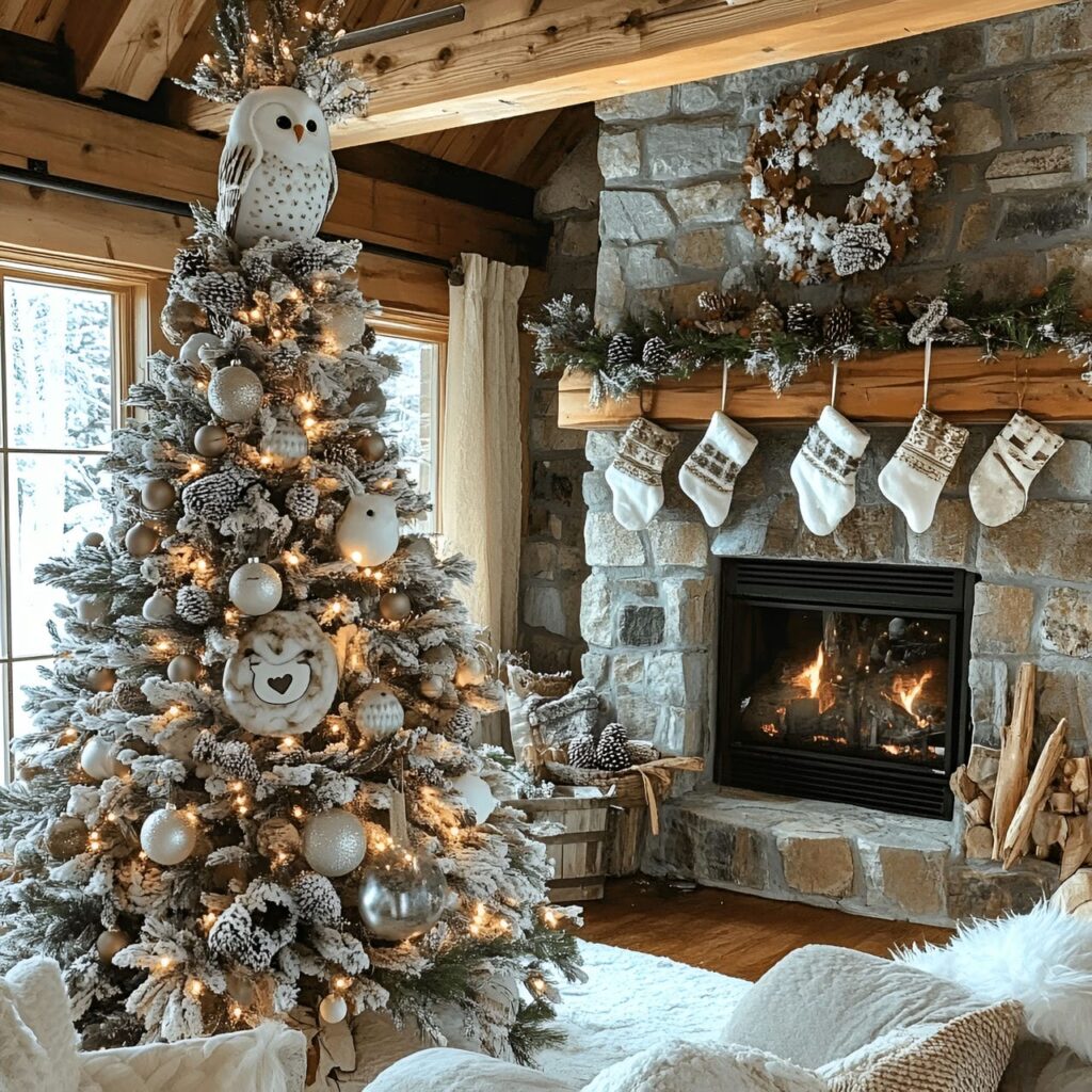 16. Snowy Owl Whimsy Tree With Pinecones and Rustic Accents