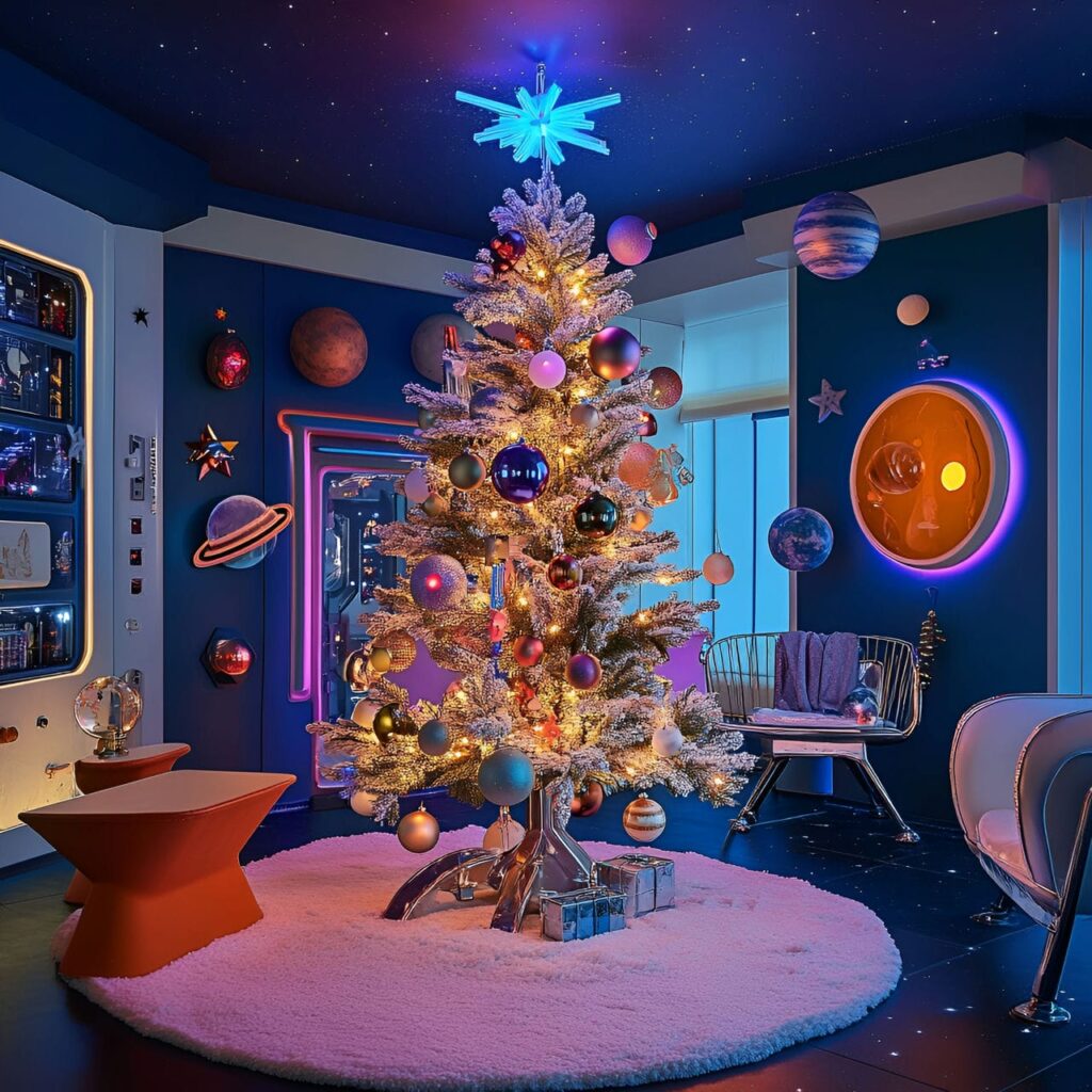 14. Space Adventure Whimsical Tree With Metallic Stars and Astronauts