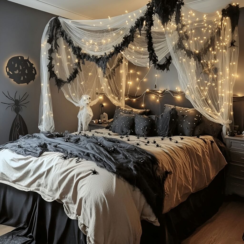 02. Spiderweb Bed Canopy with Creepy Halloween Elegance