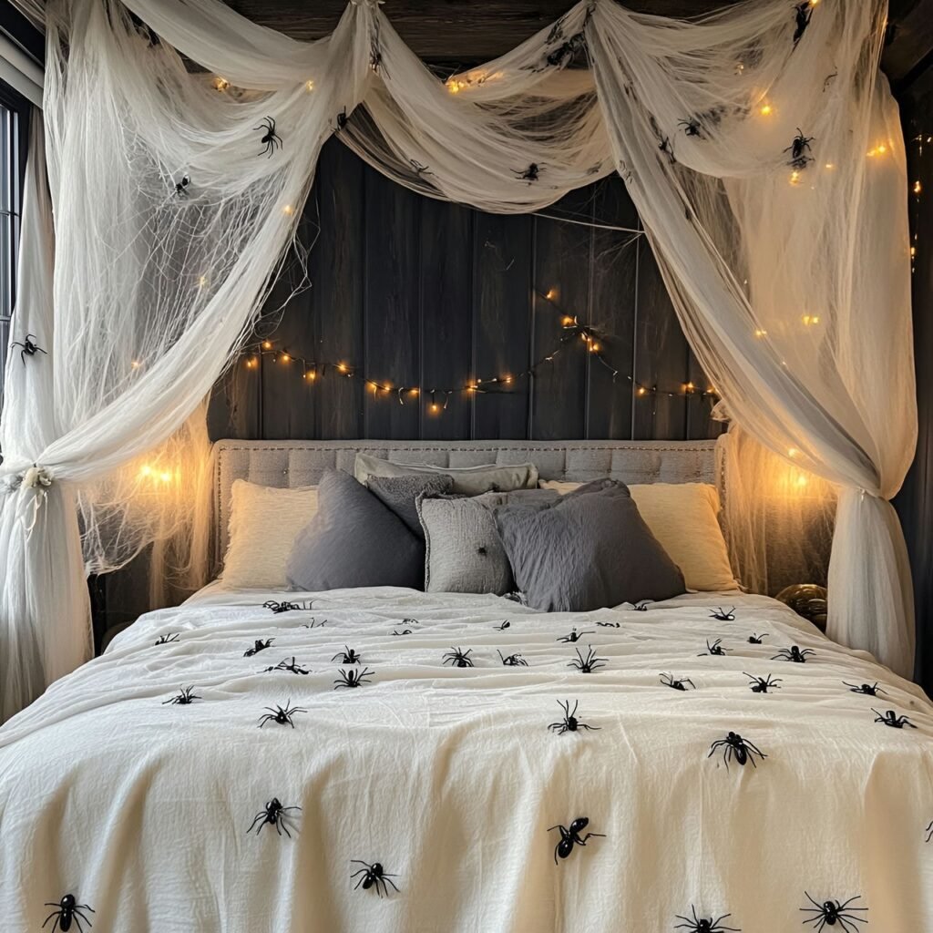 02. Spiderweb Bed Canopy with Creepy Halloween Elegance