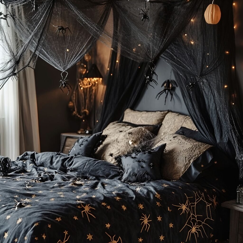 02. Spiderweb Bed Canopy with Creepy Halloween Elegance