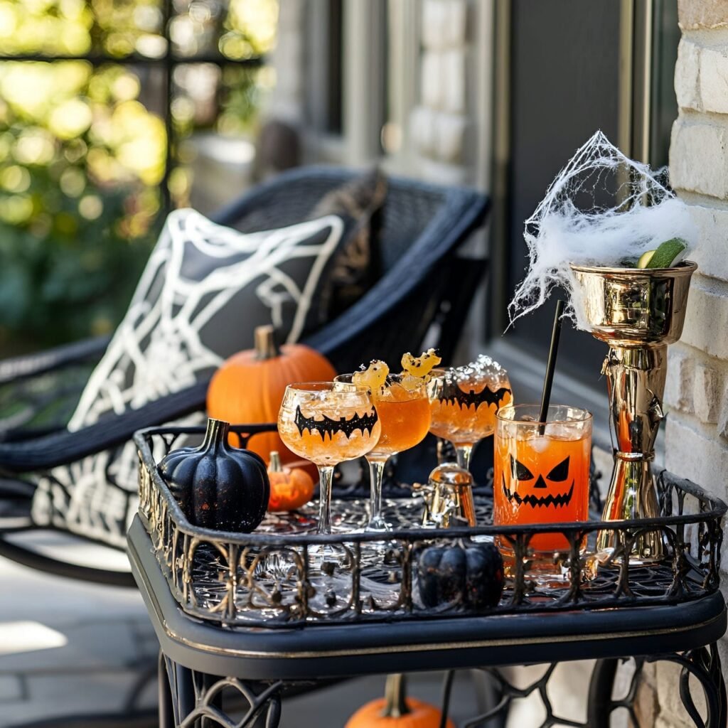 16. Spooktacular Bar Cart with Themed Drinkware and Cobwebs