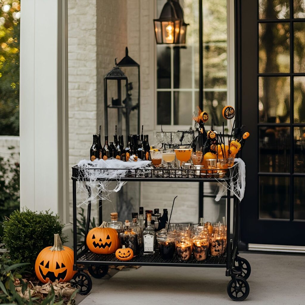 16. Spooktacular Bar Cart with Themed Drinkware and Cobwebs