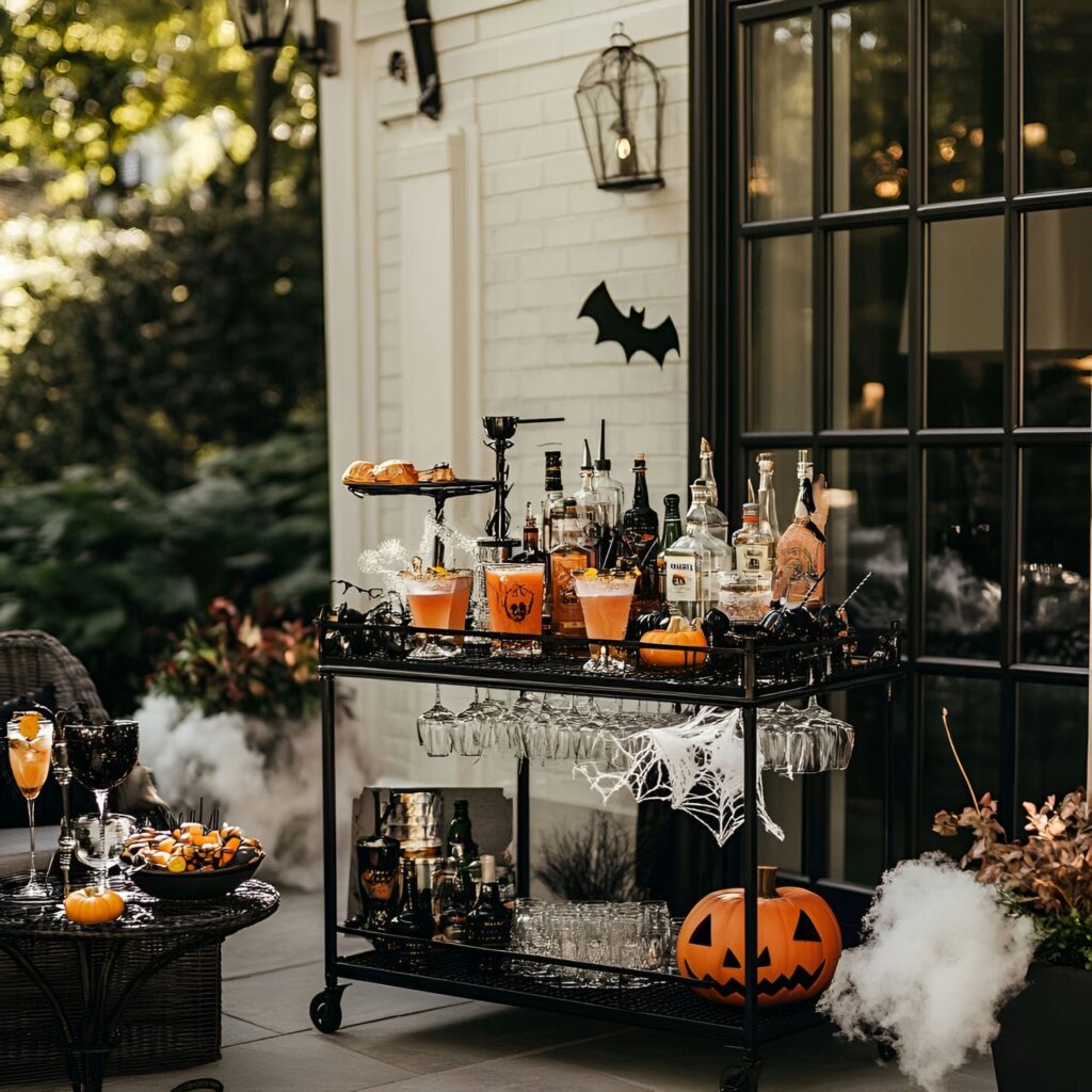 16. Spooktacular Bar Cart with Themed Drinkware and Cobwebs