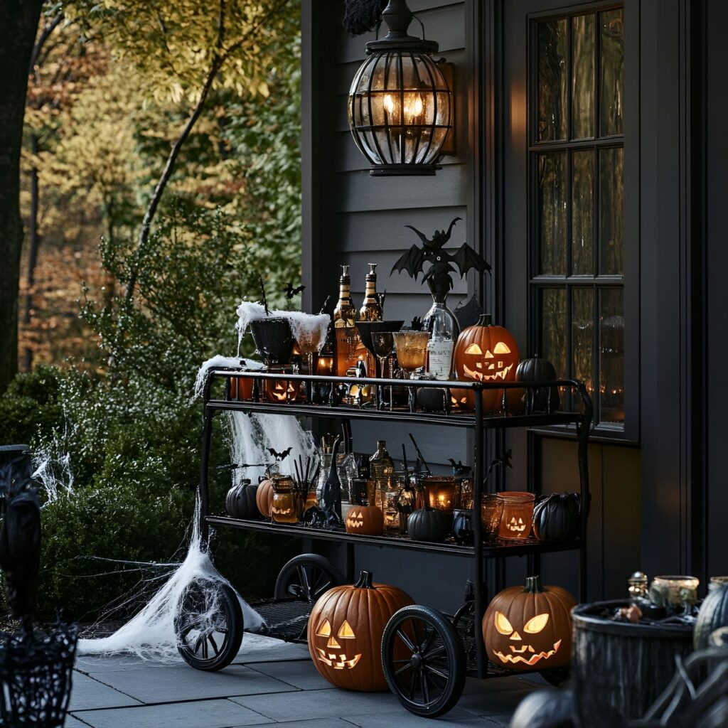 16. Spooktacular Bar Cart with Themed Drinkware and Cobwebs