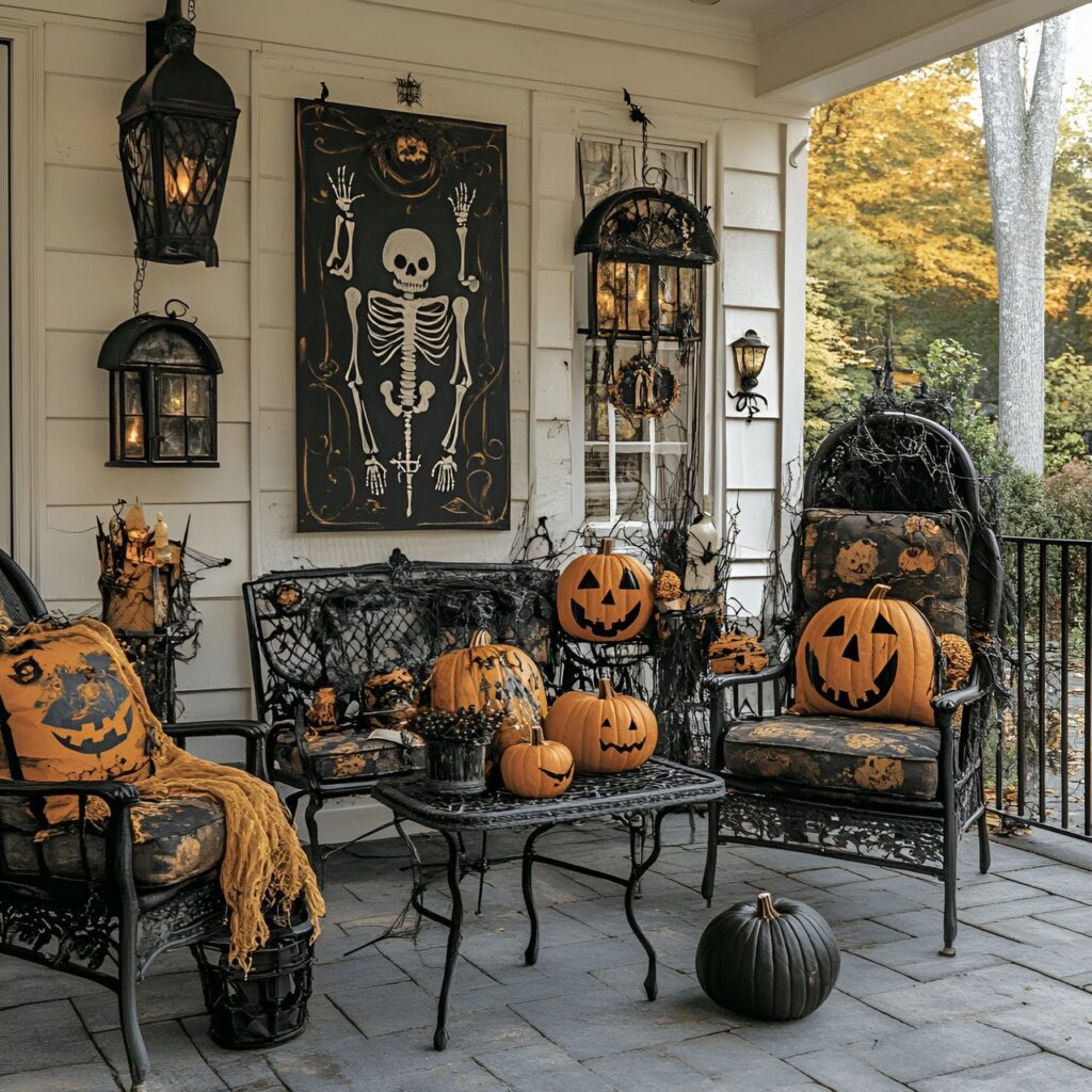 20. Spooky Outdoor Art with Skeletons and Haunted House Themes