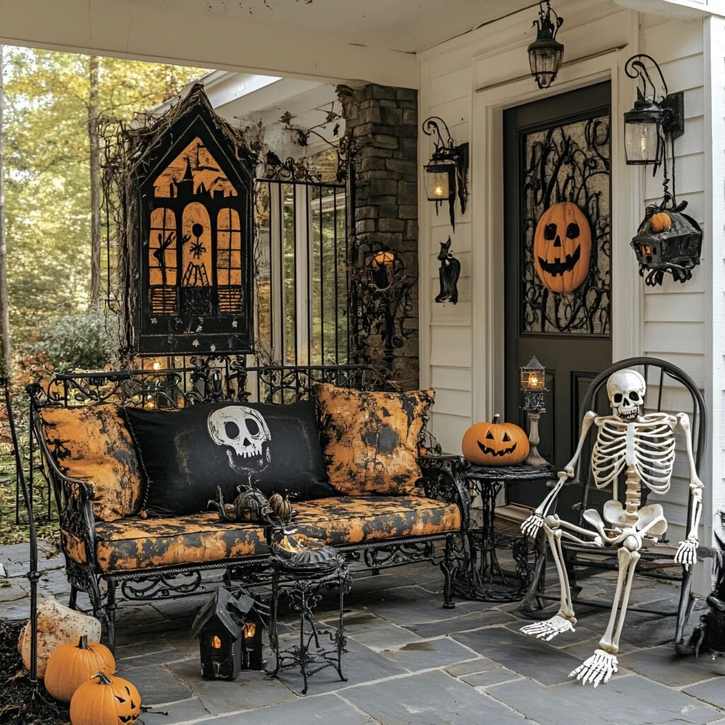 20. Spooky Outdoor Art with Skeletons and Haunted House Themes