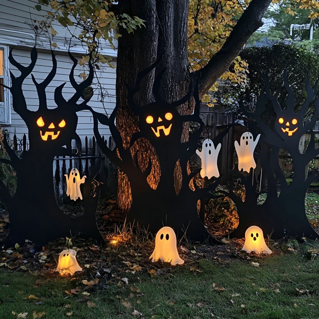 17. Spooky Silhouette Garden with Glowing Eyes and Hanging Ghosts