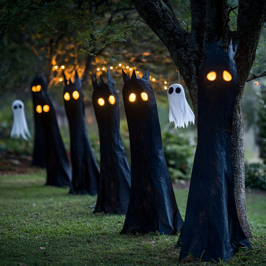 17. Spooky Silhouette Garden with Glowing Eyes and Hanging Ghosts