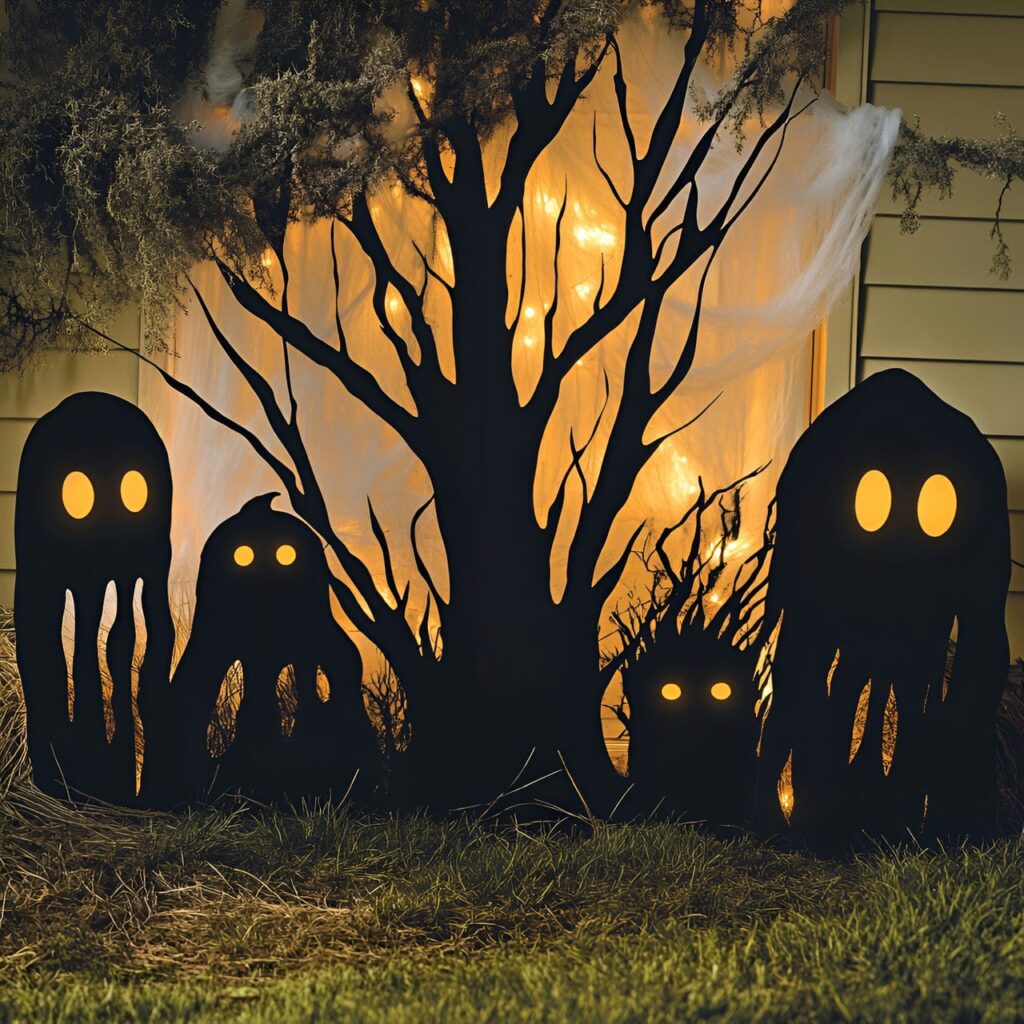 17. Spooky Silhouette Garden with Glowing Eyes and Hanging Ghosts