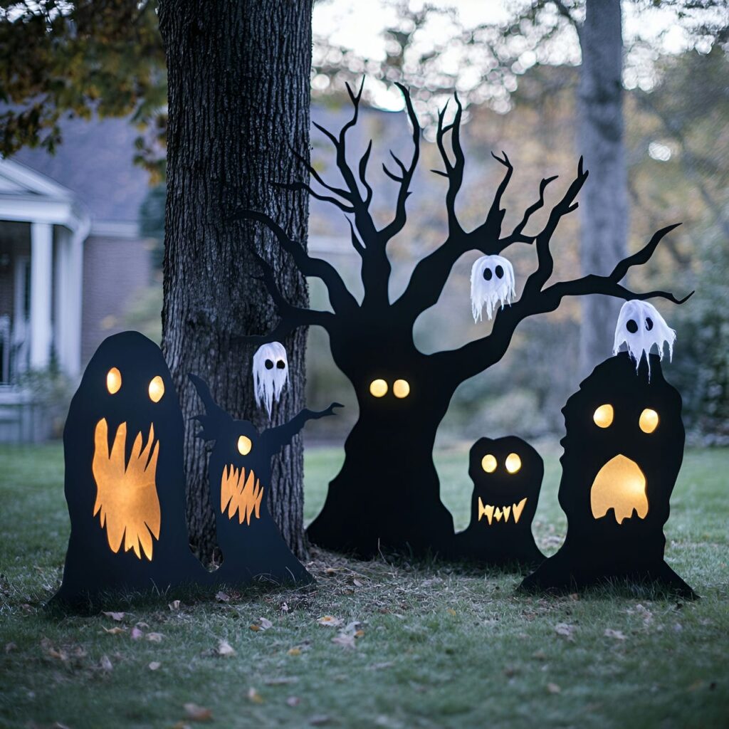 17. Spooky Silhouette Garden with Glowing Eyes and Hanging Ghosts