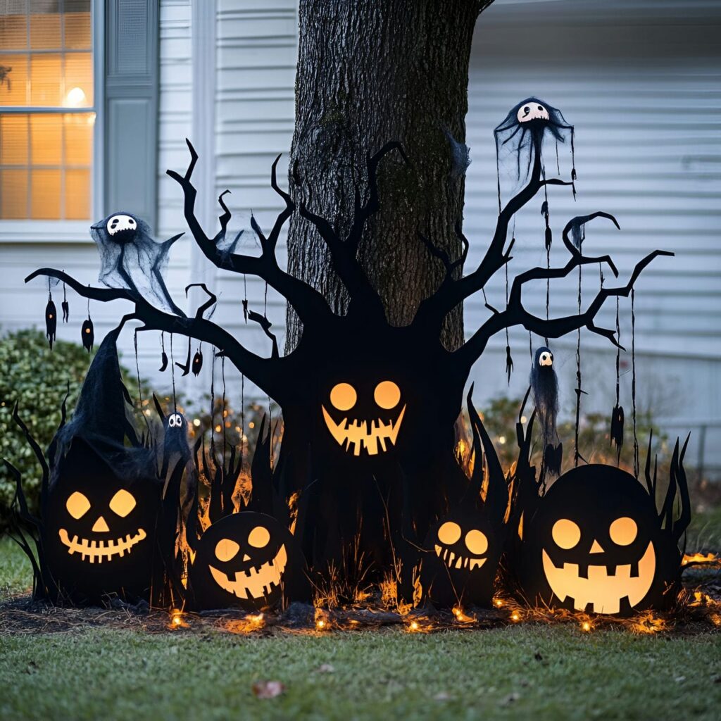 17. Spooky Silhouette Garden with Glowing Eyes and Hanging Ghosts