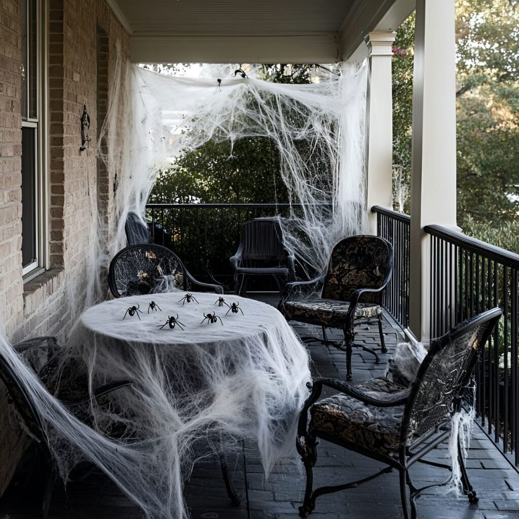 08. Spooky Spider Webs with Plastic Spiders on Furniture