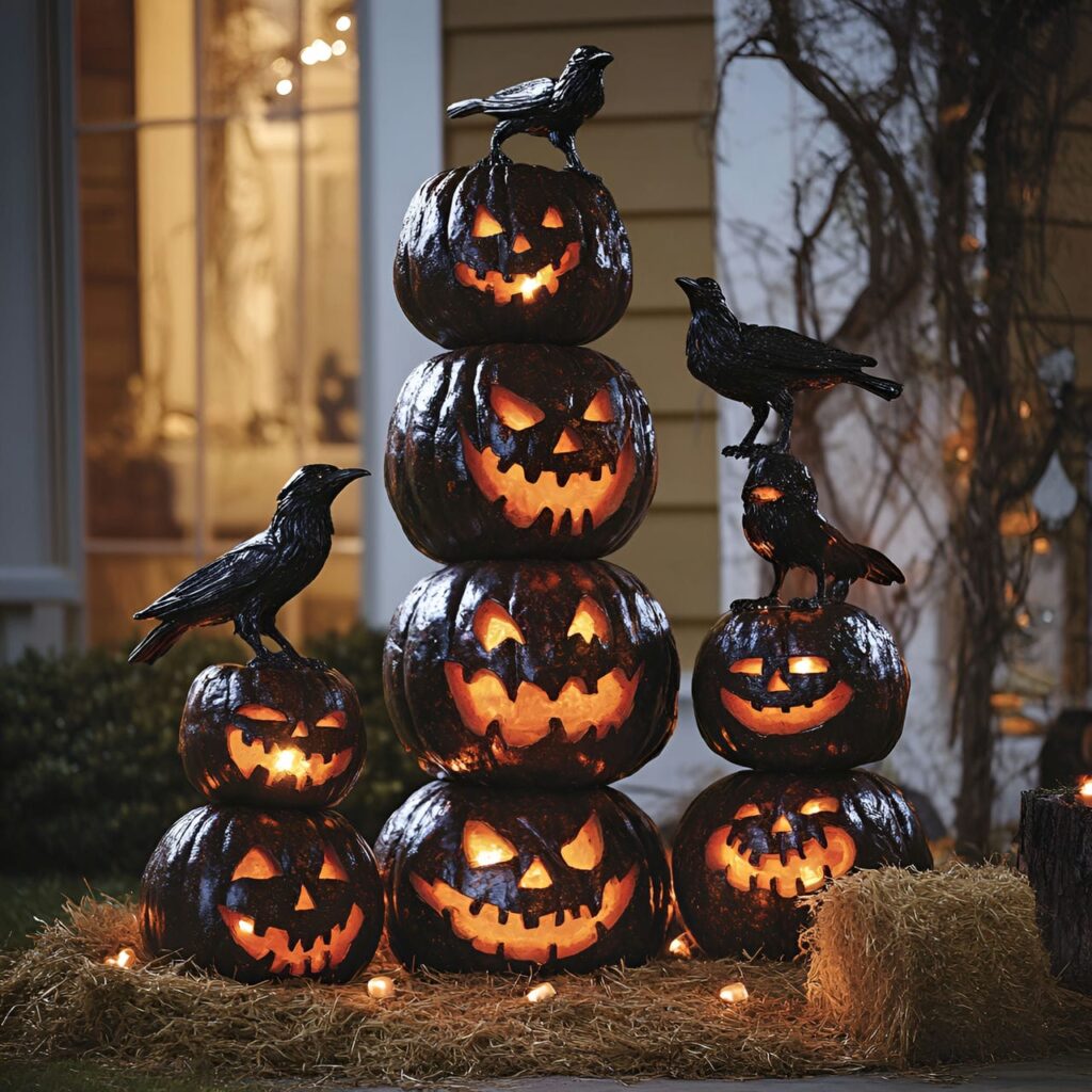 03. Stacked Scary Pumpkin Totems with Glowing LED Lights