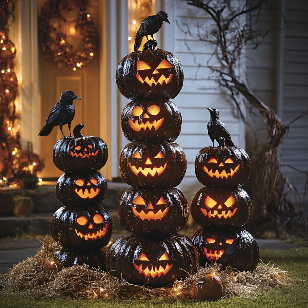 03. Stacked Scary Pumpkin Totems with Glowing LED Lights