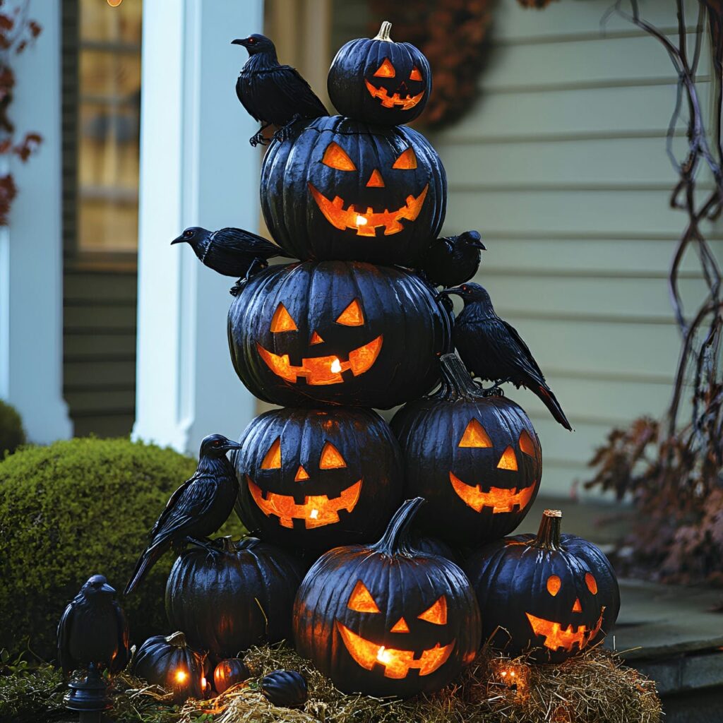 03. Stacked Scary Pumpkin Totems with Glowing LED Lights