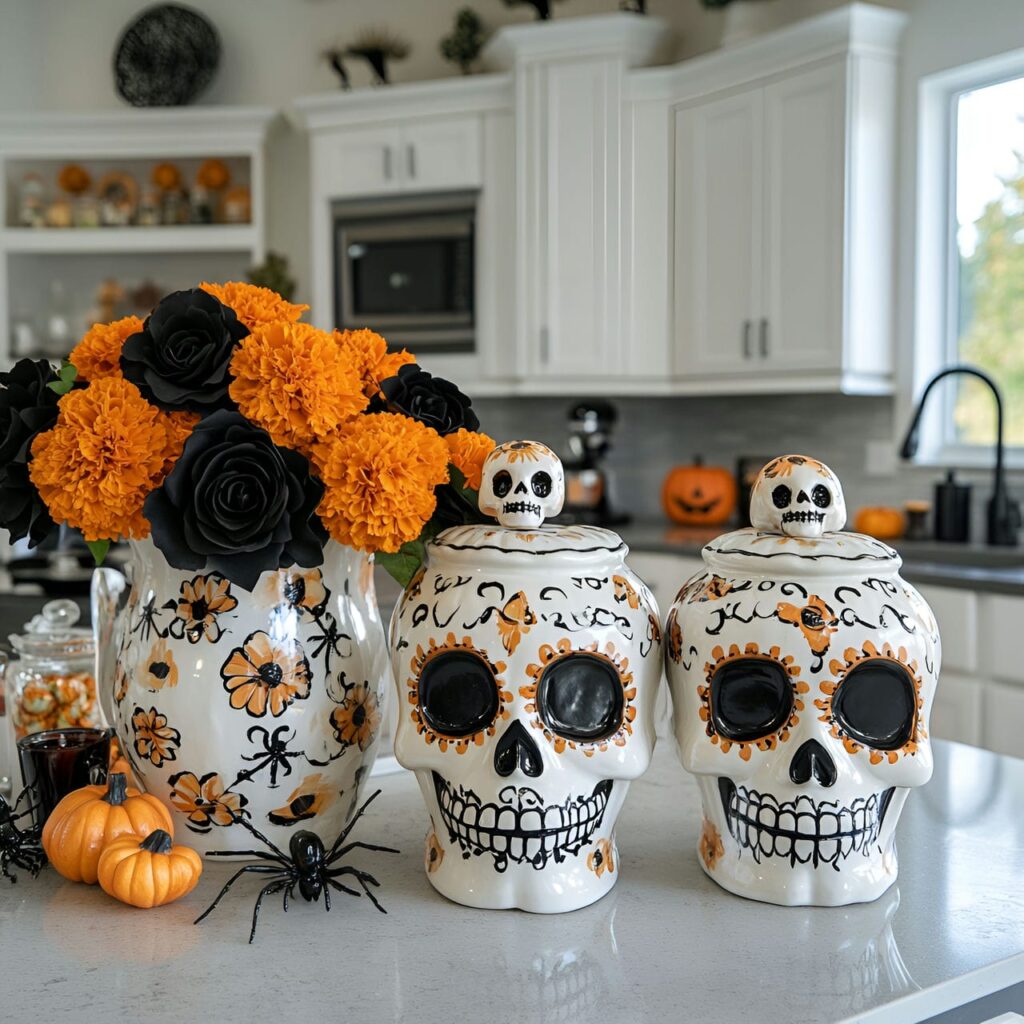 10. Sugar Skull Cookie Jars and Festive Halloween Counter Décor