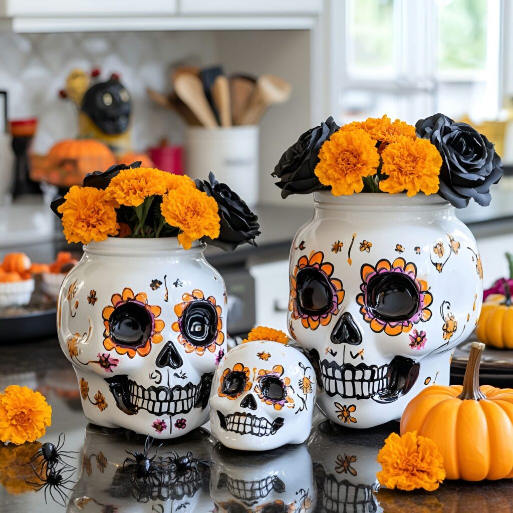 10. Sugar Skull Cookie Jars and Festive Halloween Counter Décor