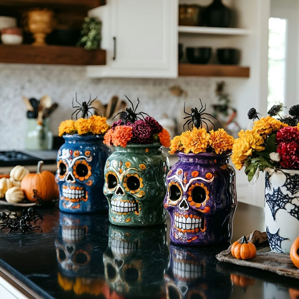 10. Sugar Skull Cookie Jars and Festive Halloween Counter Décor