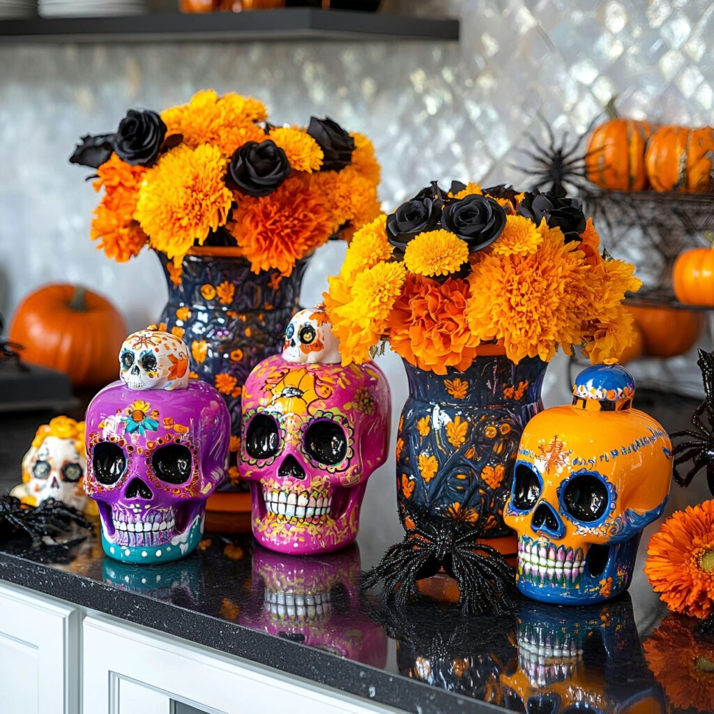 10. Sugar Skull Cookie Jars and Festive Halloween Counter Décor