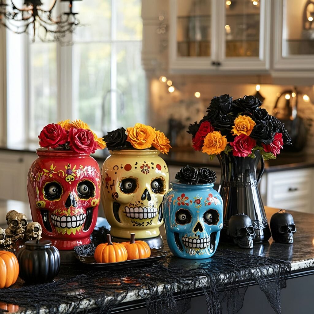 10. Sugar Skull Cookie Jars and Festive Halloween Counter Décor