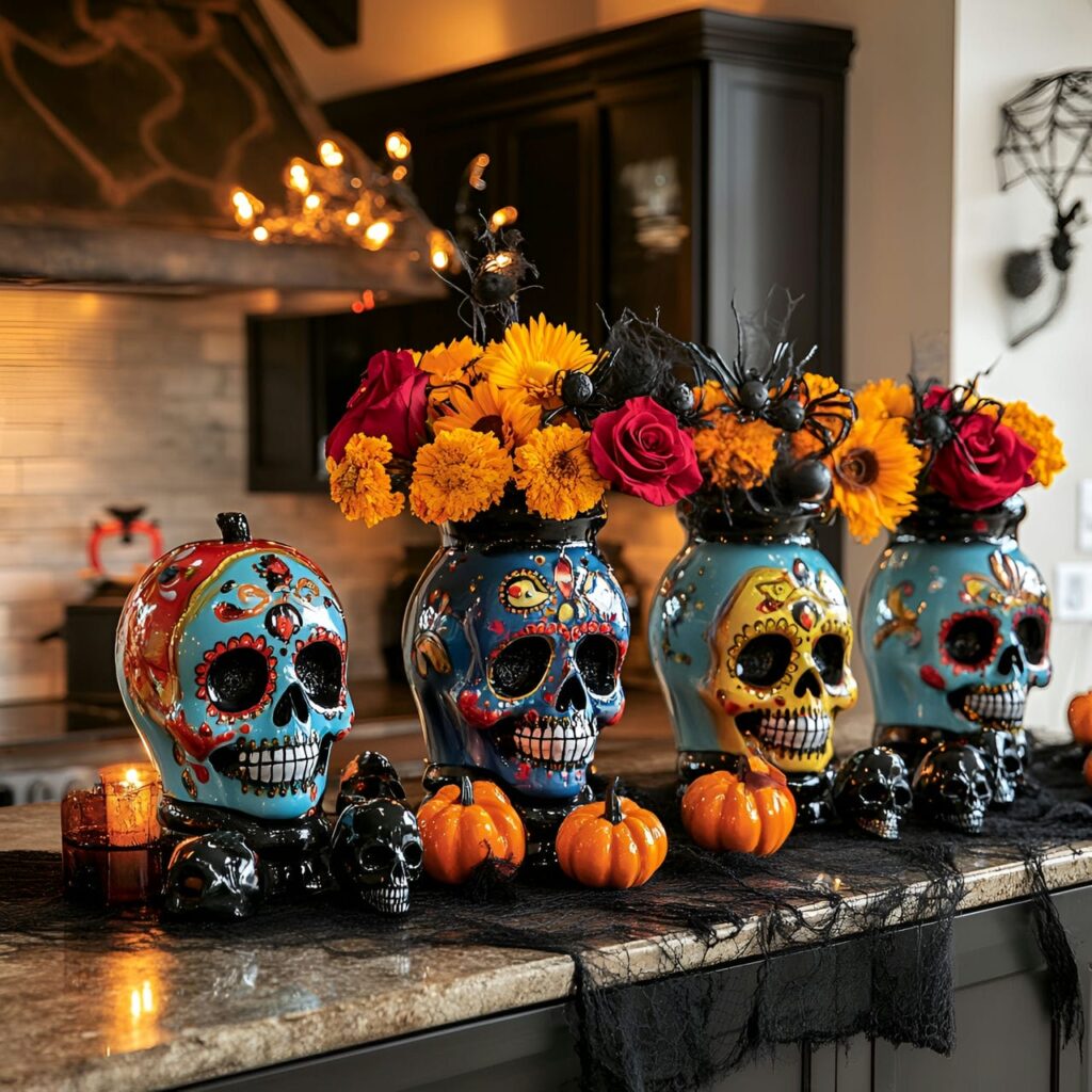 10. Sugar Skull Cookie Jars and Festive Halloween Counter Décor